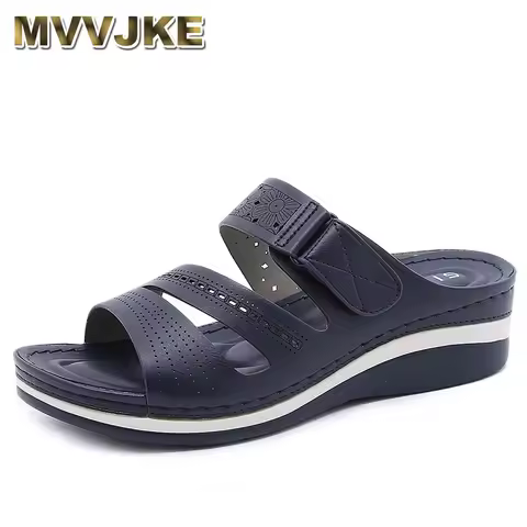 MVVJKE 2022 Women Slippers, PU Leather Shoes Comfy Platform Flat Sole Ladies Casual Soft Sandal Shop