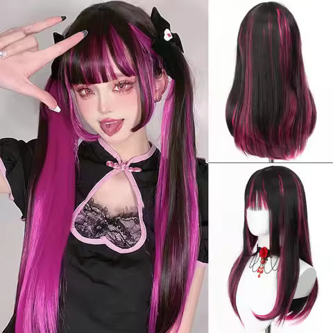 24" Synthetic Red Purple Wigs for Women Hime cut Fringe Bangs Split Dye Halloween Party Cosplay item