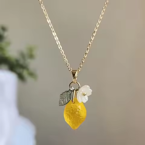 New Fashion Lemon Fruit Pendant Necklace for Women Ins Flower Chain Daily Wear Jewelry Gifts