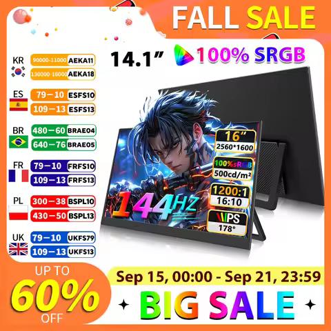 144Hz 2.5K 16 inch Portable Gaming Monitor QHD IPS USB-C HDMI External Display Second Screen for Lap