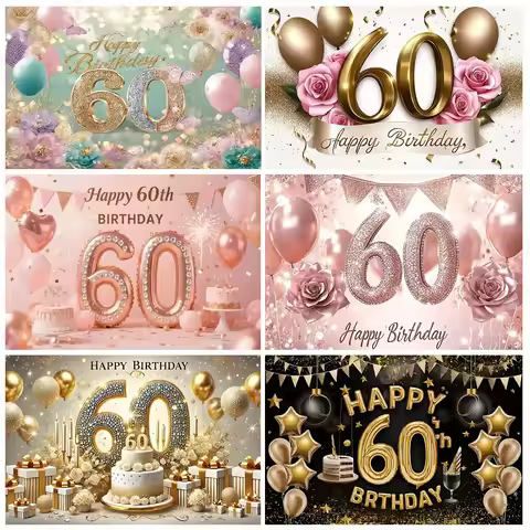 60 Years Old Backdrop Supplies Gold Pink Balloons Glitter Background Banner 60th Birthday Party Deco