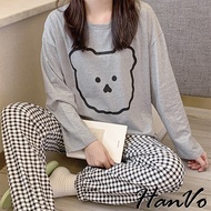 [HanVo] Shaking Line Bear Checked Pants Pajamas Set Comfortable Cute Homewear Autumn Winter Long-Sle