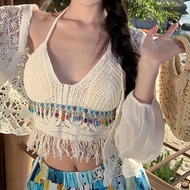 Crochet Beach Outfit Crochet Top Swimwear Knitted Tassel Top Boho Crochet Swimwear Backless Beach We