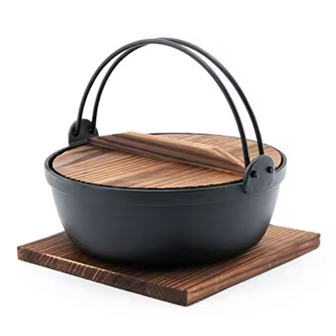 HSSN-LGHP10, Japanese Design Cast Iron Nabe Sukiyaki Nabemono Hot Pot With Wooden Lid, 90 fl.oz.