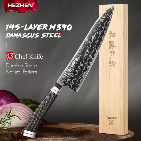HEZHEN 8.3-inch Chef Knife M390 Steel Core 60±2 HRC 145-Layer Damascus Steel DLC Blade Carbon Fiber 