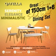 Qatella-Premium (White) 1+6 Dining Set/1+6 meja makan kayu/ 1+6 meja makan set/1 + 6 set meja makan 