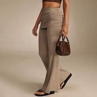 Women's Taupe Skirt-Overlay Flare Pants, Cloud-Soft 4-Way Stretch Ruched Waist Leggings, High Waist 