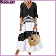 Summer Maxi Dress Contrast Color Maxi Dress Striped Single-breasted A-line Big Swing Short Sleeve Pa