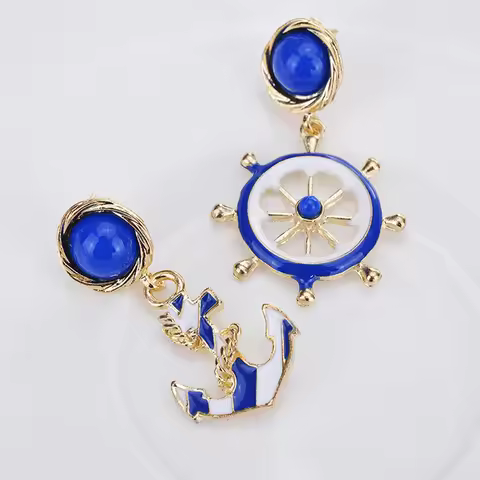 Asymmetric Stud Earings Navy Anchor Helm Long Dangle Pendant Earrings For Women Fashion Jewelry