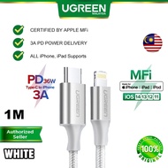 UGREEN USB Type C To Lightning MFi Cable PD 36W Power Delivery Quick Charge Charging Wire Charger Nylon Braid Type-C TypeC USBC Apple iOS iPhone iPad 12 iPhone 12 mini iPhone 12 Pro iPhone 12 Pro Max iPhone 11 Pro Max iPhone X XS XS Max 1 1.5 2 Meter