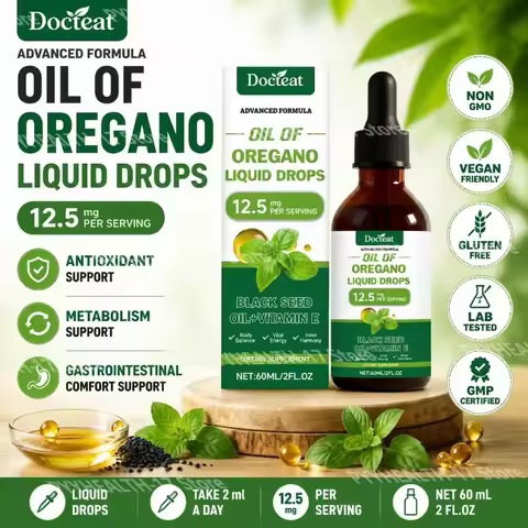 Docteat Oregano Oil Liquid Drops with Black Seed Oil and Vitamin E Antioxidant Support Gastrointesti