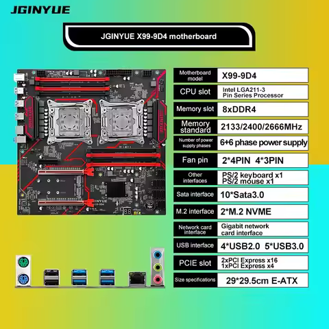 JGINYUE X99 placa-mãe de CPU dupla LGA 2011-3 suporta Xeon E5 V3 V4 CPU DDR4 memória oito canais Dua
