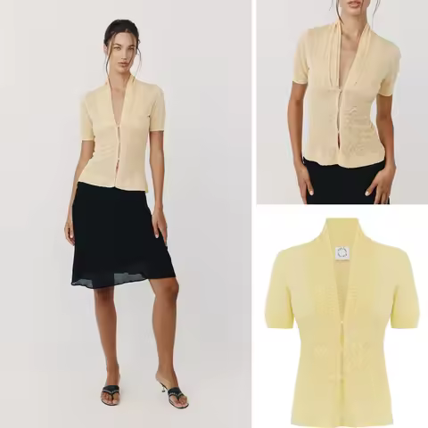 With jen yellow short-sleeved knitted French V-neck cardigan slim short top