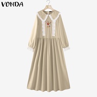 VONDA ชุดเดรสลูกไม้ปักลายลูกไม้น่ารักสำหรับผู้หญิงชุดเดรสมิดีเอไลน์ผ้าฝ้ายย้อนยุค (ลายดอกไม้เกาหลี) 