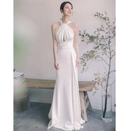 Glary Star ชุดแต่งงานแบบฝรั่งเศสขนาดเล็ก Halter คอเปิดกลับ Go Out Gauze เจ้าสาวเรียบง่ายชุดซาตินสีขา