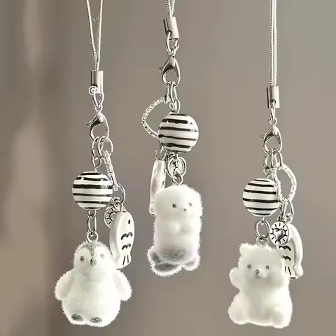 Flocking Cartoon Keychain Cute Seal Penguin Polar Bear Pendant Bag Decoration Keyring Car Key Holder