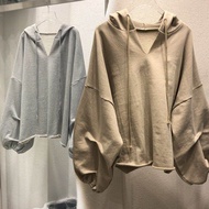 เสื้อสเวตเตอร์คอวีแขนยาวผ้าฝ้ายบางแบบมีฮู้ดสำหรับผู้หญิงไซส์ใหญ่ ทรงหลวม สไตล์เกาหลี เสื้อคลุมกันหนา