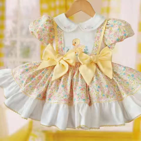 0-12Y Girl Summer Yellow Floral Duck Embroidery Turkish Vintage Lolita Princess Ball Gown Dress for 