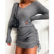 Women New Fashion Drawstring Slim Bodycon Dress Autumn Sexy V Neck Ribbed Knitting Dress Casual Solid Long Sleeve Pullover Dress