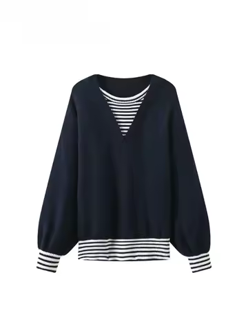 Cara CLUB plus Size round Ne Long Sve Knitted Sweater Women's Autumn Faion Color Blo Fake Two-Piece 