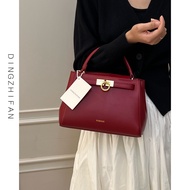 กระเป๋าถือผู้หญิงสีแดง DINGZHIFAN กระเป๋าสะพายข้างสไตล์ Kelly กระเป๋าถือหนังวัวสองชั้น กระเป๋าแฟชั่น