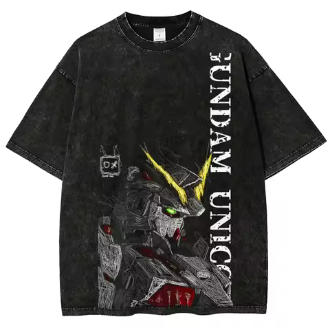 Gundam Unicorn T Shirt RX-0 Men Sketch Art Vintage Acid Wash Mecha Streetwear Oversized Retro Japane
