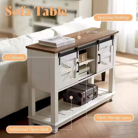Farmhouse Style Sliding Barn Door TV Console Table with Storage, 46 Entryway Shelf
