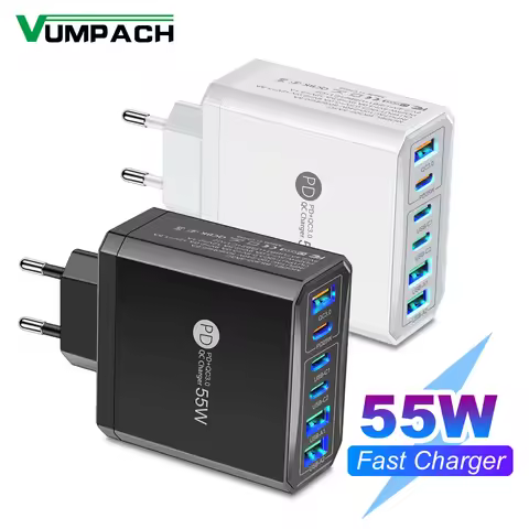 55W 3 Ports USB 3 PD Charger Charging Adapter For Xiaomi iPhone 16 14 13 Samsung Mobile Phone Plug C