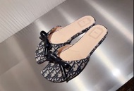 全新dior bow slide 深藍色羊皮革 蝴蝶結 印花平底 一字拖鞋 KCO623OLF_S10B