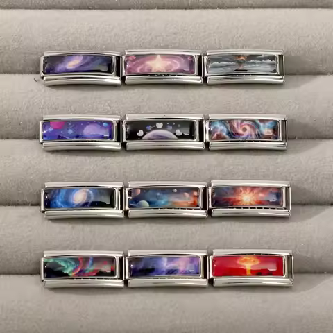 Women Colorful Galaxy Planetary Aurora Meteorite Sun Long Italian Charm Fit 9mm Stainless Steel Brac