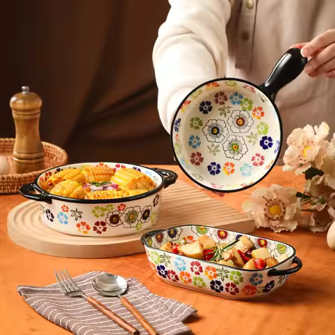 Set of 2 Ceramic Baking Dishes with Handles, Hand-Painted Floral, Perfect for Cheese Baked Rice & Ca