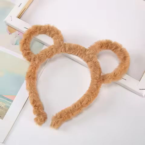 Korean Women Winter Thick Plush Headband Round Mouse Bear Ears Hair Hoop Candy Color Makeup Metal Ba
