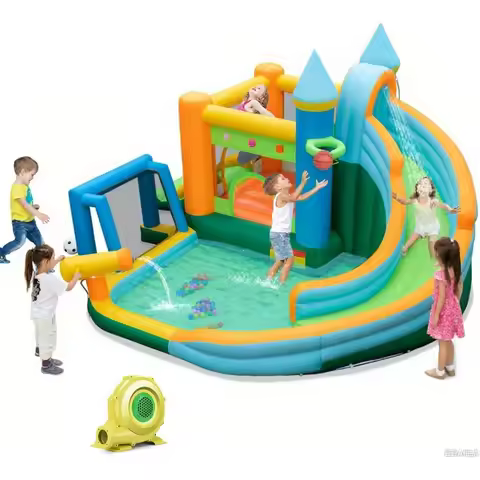 BOUNTECH Inflatable Water Slide 9 in 1 Water Park with Dual Slides Soccer Gate Climbing Wall Indoor 