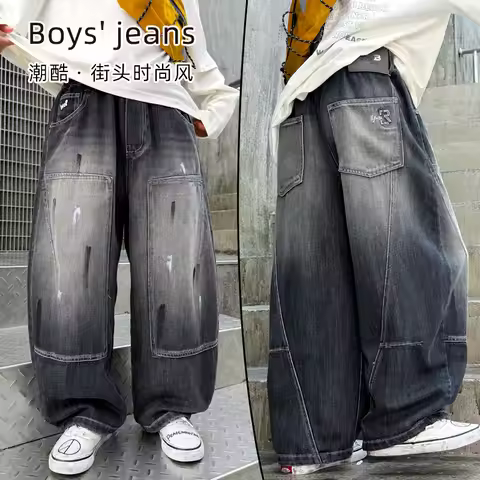 Retro American High-Waist Gray Y2K Straight Color Drawing Jeans for Kids Hip Hop Streetwear Fashion 