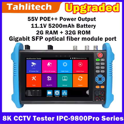 New CCTV tester IPC-9800Pro 55V POE++power output Gigabit SFP optical fiber module port New battery 