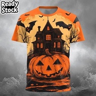 Men Halloween Haunted House Pumpkin Bat 3D Print Crew Neck Short Sleeve Tee