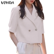 VONDA Women Korean Short Sleeves Buttons V-Neck Turn-Down-Collar Blazer