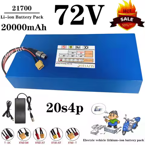 High capacity lithium-ion battery 70V 20Ah 20S4P 21700 lithium battery 20000mAh + charger included