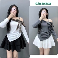 Women's big-size Set of off-the-shoulder, long-sleeved shirt in rough checkered fabric with flared f