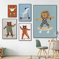 Abstract Skateboard on Cartoon Bear and Lion Canvas Print Eclectic Nursery Wall Art Poster for Moder
