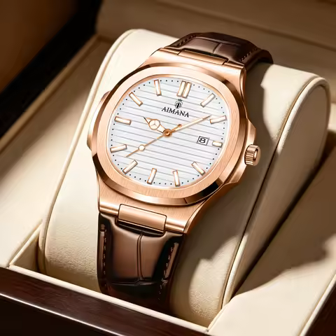 AIMANA Men's Rose Gold Business Dress Watch White Dial Calendar Quartz Brown Leather Strap for Daily