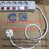 UK Plug to EU 5-Hole Extension Cable + On-Off Each Hole Best 3x1.5mm/