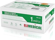 Elimedical Veterinary Insulin Syringe, U-100, 1cc (1ml), 27G x 1/2 inch (12.7mm), Individually Packe