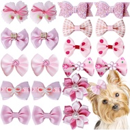 20pcs Riben Rambut Anjing Kecil Warna Merah Jambu Muda dengan Gelang Getah, Riben Bunga Berlian Imit