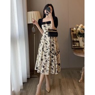 Promo 969 long dress black floral short sleeve dress women's trendy Korean style 2025 elegant long p