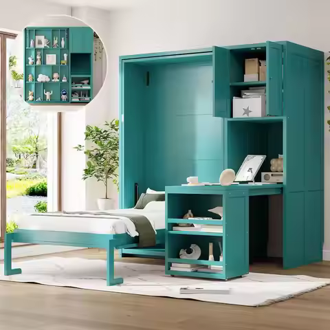 Twin Murphy Bed with Rotating Bookshelf, Top Cabinet, Extendable Desk & Side Storage, Teal Color