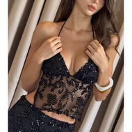 Beachbitcha-Crystal petal Deep V halter backless top(only top)