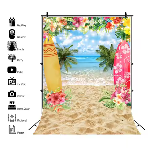 Summer Hawaii Beach Photography Backdrop Tropical Flowers Aloha Flamingo Surfboard Seaside Birthday 