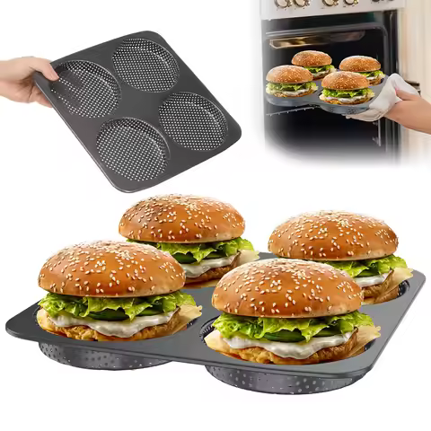 Large Hamburger Bun Pan 12cm Perforated Commercial Non Stick Carbon Steel Baking Mold 4 Cavity Big B