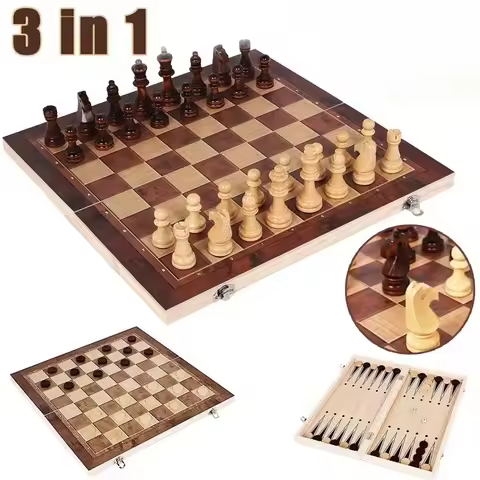 3 in 1 Chess Board Folding Wooden Portable Chess Game Board Wooden Chess Board for Adults(Chess + Ch
